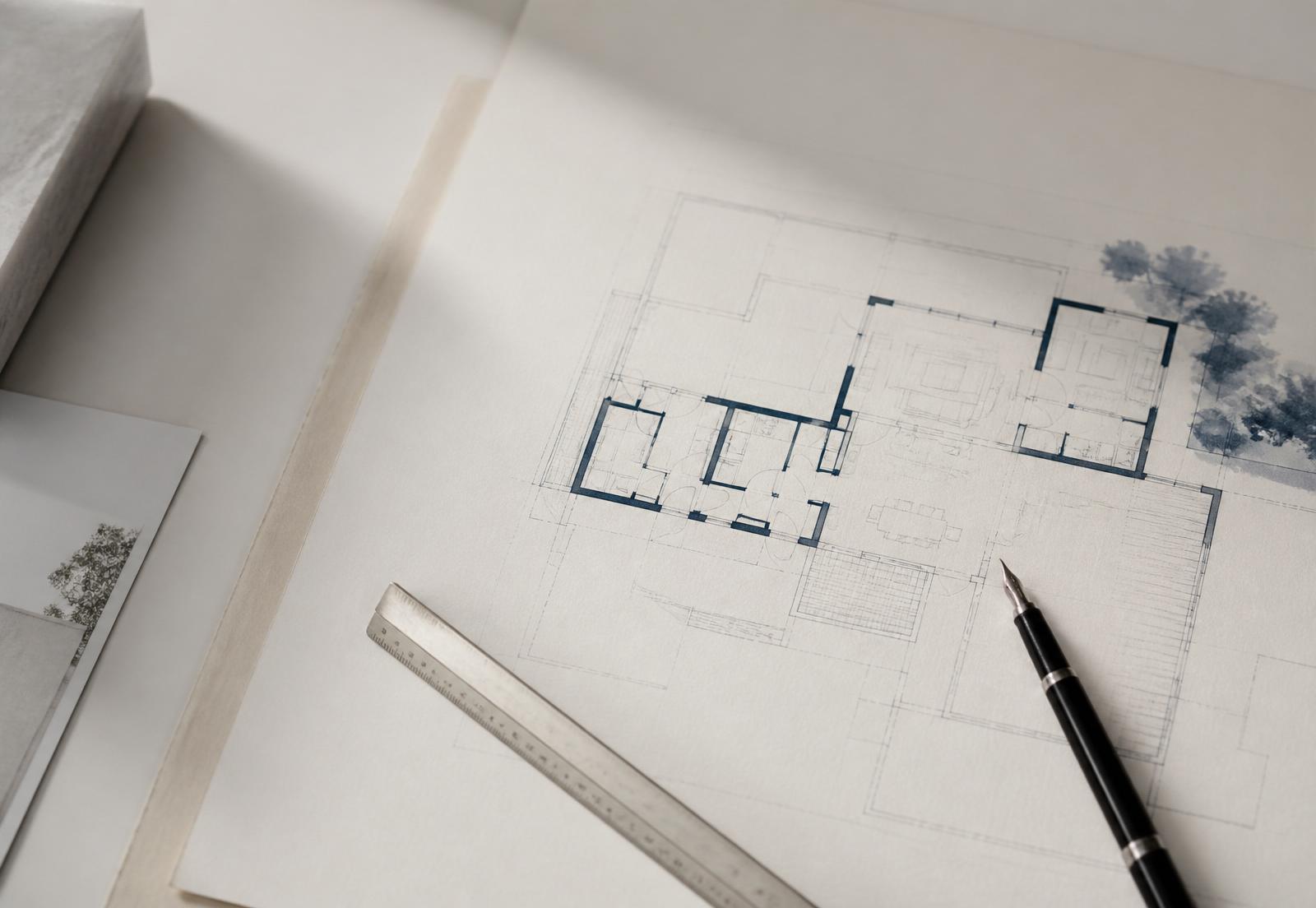 Planos arquitectónicos sobre mesa